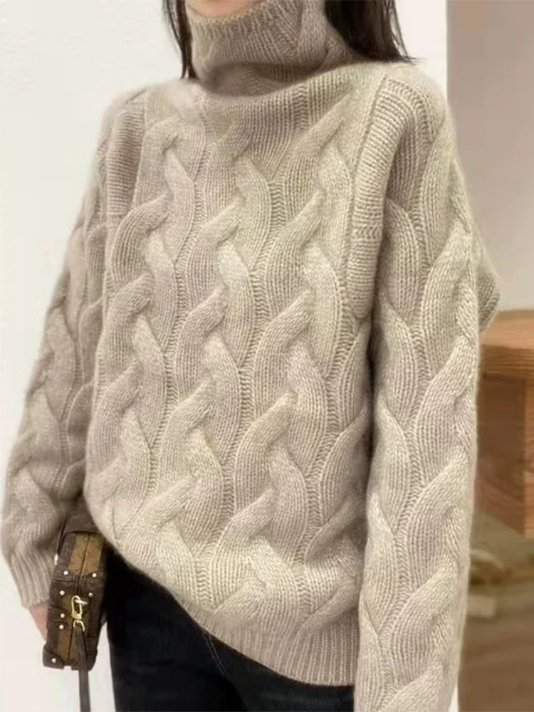 Maglione da donna in puro cashmere a collo alto, sciolto, spesso, con fondo intrecciato, stile europeo, maglieria calda invernale, 100% cashmere 3