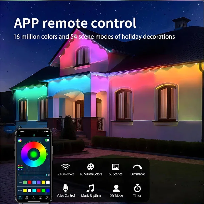 Luci per grondaia RGB Luci per illuminazione esterna permanenti Bluetooth Temporizzatore di sincronizzazione musicale IP67 Stringa impermeabile Decorazioni per feste a casa 4