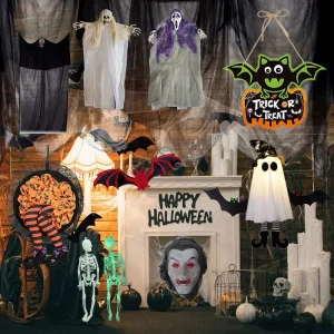 Decorazioni per la casa di Halloween Fantasma spettrale Nero Bianco Halloween Garza Pipistrello Adesivi per finestre da parete Zucca Luci a LED Decorazioni per esterni 1