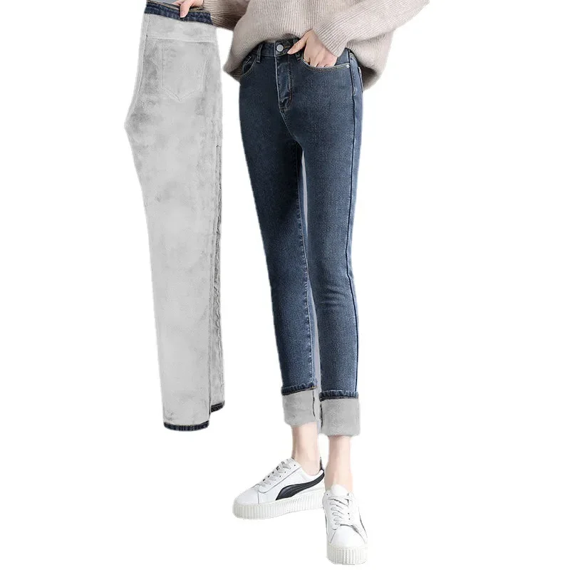 Jeans a nove punte a matita ispessita a vita alta elasticizzati a vita alta foderati in pile da donna Pantaloni casual taglie forti moda invernale 5