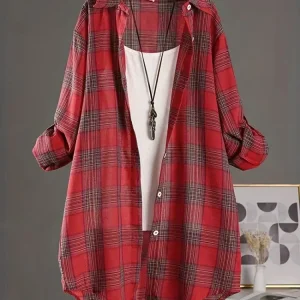 Camicette scozzesi stile coreano taglie forti Camicia stile casual medio lungo Donna ampia Camicie a maniche lunghe tutte abbinate Camicette per protezione solare 1