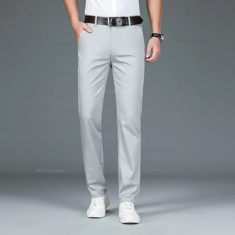 Pantaloni Casual da uomo in tessuto in fibra di bambù estate nuovi pantaloni da lavoro dritti morbidi elastici ultrasottili classici neri kaki grigi 5