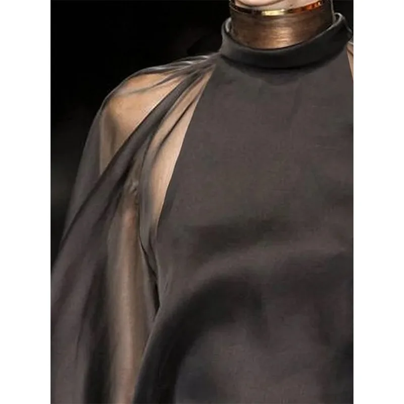 TAKO Office Lady Mesh T-shirt 2025 Plus size Tinta unita Trasparente Manica lunga Stand Neck Abbigliamento da lavoro Pullover Top 137826 3