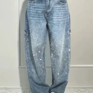 Jeans larghi a gamba larga da donna con strass lucidi Pantaloni in denim a gamba larga con diamanti pieni Pantaloni lavati vintage Pantaloni casual 1