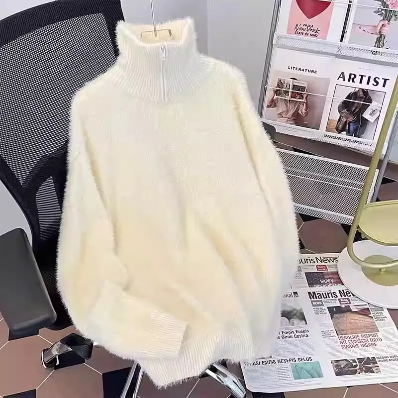 Maglione a collo alto con mezza zip, pelliccia di visone sintetica da uomo versatile, tinta unita, maglione lavorato a maglia con mezza zip, indossato con un maglione di peluche sul top 4