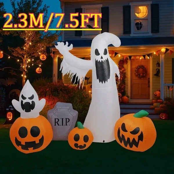 Decorazione gonfiabile per Halloween da 7,5 piedi - Fantasma e zucca con LED, ideale per oggetti di scena di casa, cortile, giardino e sala 2