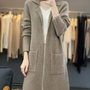 Autunno Inverno Donna 100% lana merino soprabito maglione scollo a V stile lungo cardigan manica lunga maglieria abbigliamento casual in cashmere 1