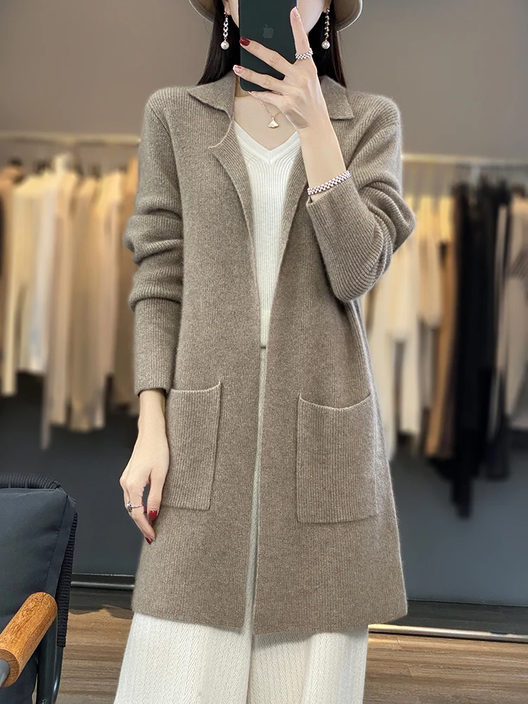 Autunno Inverno Donna 100% lana merino soprabito maglione scollo a V stile lungo cardigan manica lunga maglieria abbigliamento casual in cashmere 1