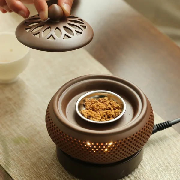 Set di bruciatori di incenso elettronici in legno di sandalo temporizzato con sabbia viola 110V/220V OUD Stufa per luce notturna con olio essenziale per la decorazione domestica 3
