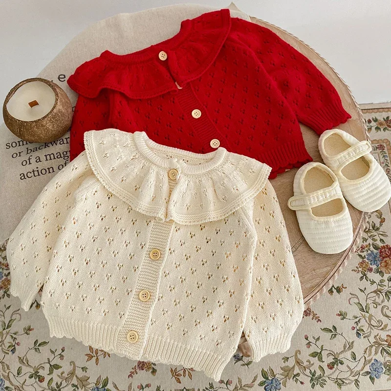 Autunno nuove ragazze Cardigan indumenti per bambini maglioni lavorati a maglia colletto arruffato neonate Cardigan cappotto per bambini giacca a maniche lunghe retrò 3