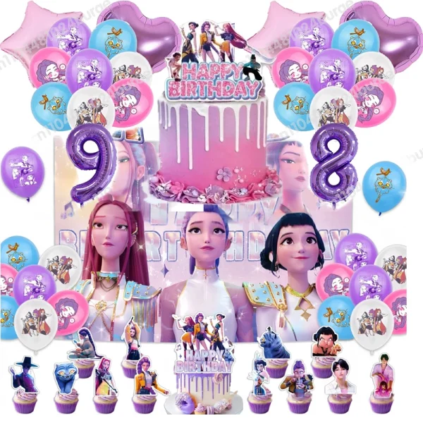 Kpop Demon Hunters Set di decorazioni per feste di compleanno Cake Topper Bandiera Palloncini Fondali Adesivi Fan Forniture Decorazioni per feste 1