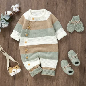 Da 0 a 18 mesi Neonata Ragazzo Maglione Pagliaccetto Autunno Inverno Vestiti A righe Girocollo Manica lunga Tuta intera 1