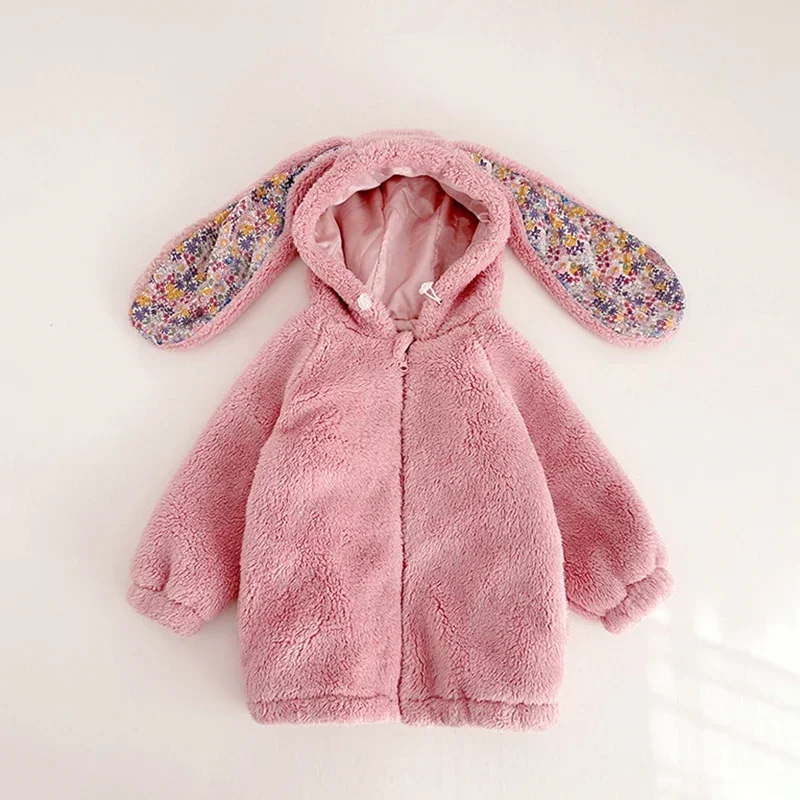 Giubbotti per bambina per 1-7 anni Primavera Inverno Pile Bambino Bambino Caldo Coniglio Cappotto con cappuccio Bambini Ragazze Capispalla lunghi Vestiti per bambini 3