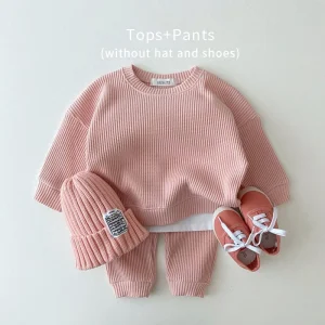 Neonate Vestiti Autunno Cotone Kintting Set di abbigliamento Mock 2PCS Cotone waffle Bambini BoysSets Tuta Top + Pantaloni Coreano 1