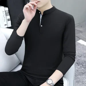 BROWON Brand primavera autunno magliette uomo colletto alla coreana tinta unita manica lunga Fit t-shirt uomo Business Casual moda maschile top 1