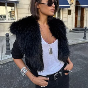 Trendix Cardigan lavorato a maglia nero per donna Colletto in pelliccia sintetica staccabile invernale Top corto Street Slim Party Capispalla elegante Top Femme 1