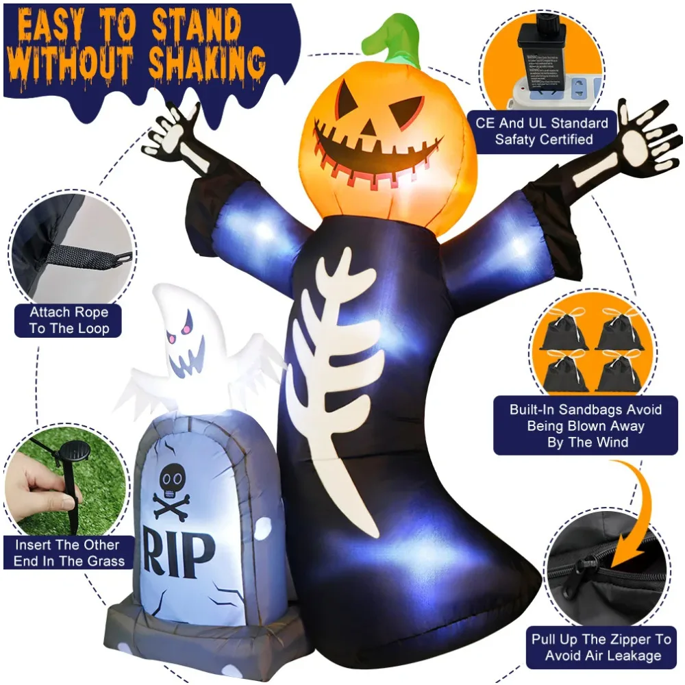 5/8FT Gonfiabile Decorazioni di Halloween Lapide Fantasma Zucca Teschio Decorazione Horror all'aperto Casa Cortile Puntelli da giardino Festa di Halloween 4