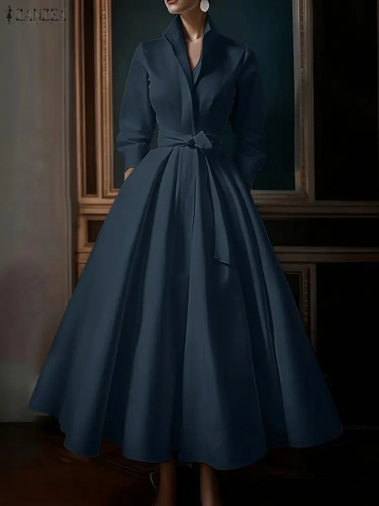 ZANZEA Moda Donna Risvolto Collo Manica Lunga Vestito Da Partito 2025 Autunno Ufficio OL Abiti Con Cintura Veste Solido Una Linea A Vita Vestito Estivo 5