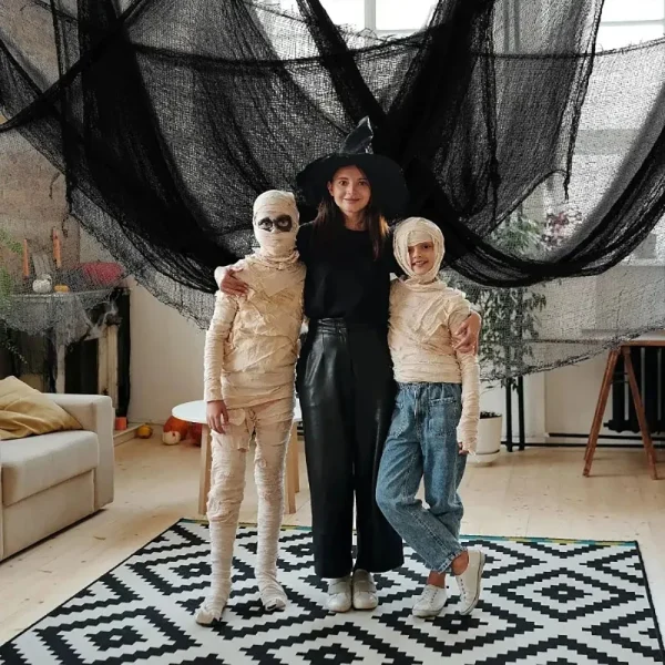 Decorazione di Halloween Garza nera, ragnatela artificiale, panno raccapricciante nero, oggetti di scena gotici per decorazioni per la casa stregata 4
