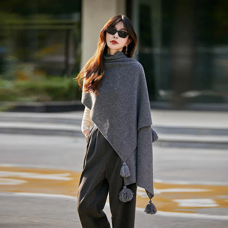 2025 Donna 100% lana merino maglione scialle cardigan lungo autunno inverno semplice chic maglieria casual sciarpa scialle con frange in pura lana 3