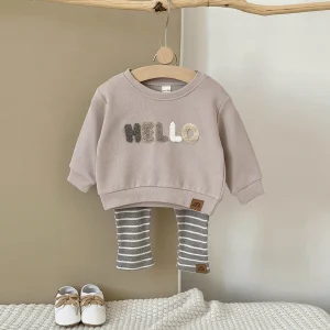 Set di abbigliamento per neonato Camicia sportiva Felpa con cappuccio + Pantaloni lunghi Set di abbigliamento a maniche lunghe per bambini Set di etichette ricamate per asciugamani 1
