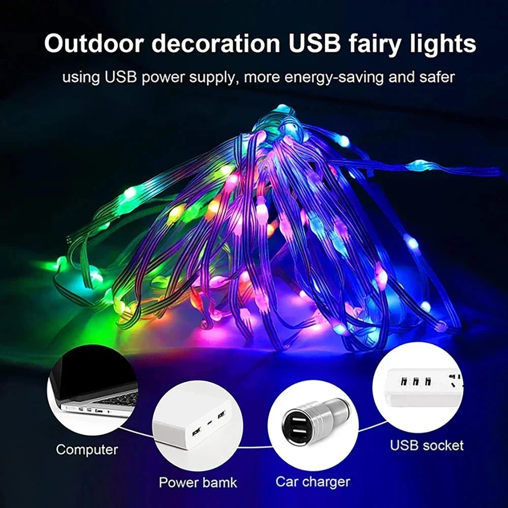 Stringa di luce fata programmabile, luce decorativa domestica USB, app Bluetooth e telecomando, stringa di luce intelligente 5V, WS2812 RGB C 5