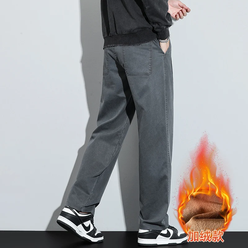 Pantaloni cargo da uomo a gamba larga con gamba dritta allentata foderata in pile Lyocell 2025 Pantaloni lunghi casual caldi autunno inverno Plus Size 5XL 6