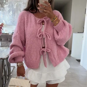 Cardigan con farfallino sul davanti per donna Giacca lavorata a maglia a maniche lunghe Maglione Autunno Inverno Maglieria Adolescente Y2K Vestito carino 1