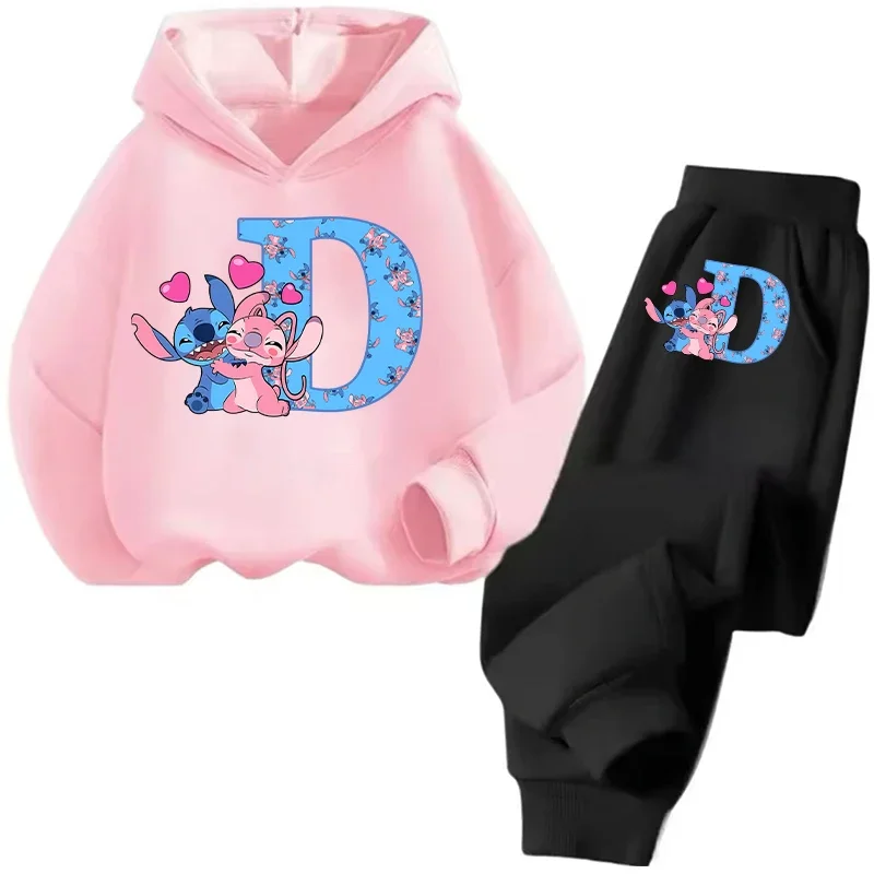 Autunno Inverno Stitch Disney Manica lunga Ragazzi Ragazze Set per bambini Moda casual Cartoon Lettera Felpe con cappuccio Set Pantalone Tute 2