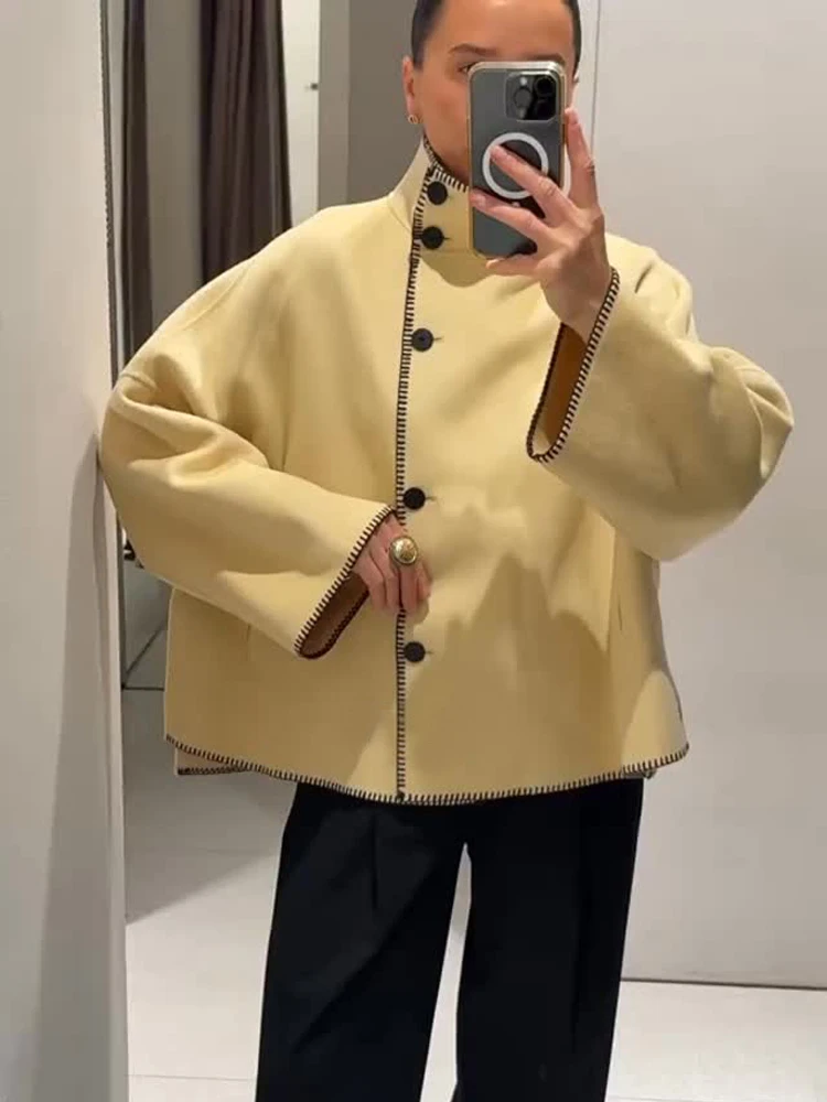 HH Donna Autunno Moda Cappotto allentato Donna Cappotto casual Dolcevita a maniche lunghe Monopetto Decora giacche stile street solido 4