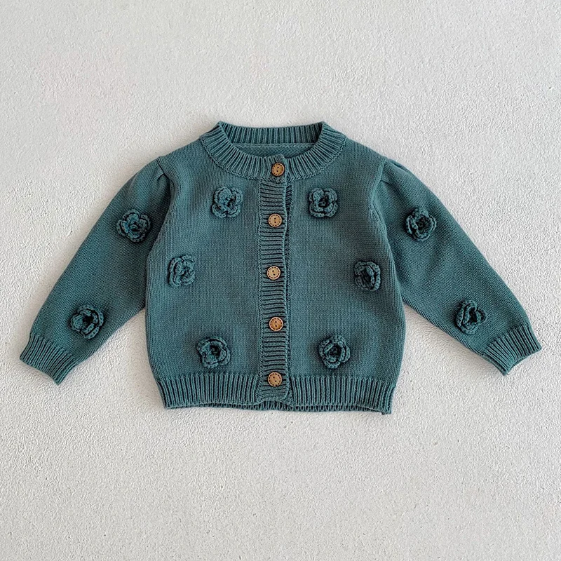 Autunno inverno bambino neonate maglione cappotto tinta unita fiore fatto a mano neonate maglieria Cardigan vestiti per bambini 5