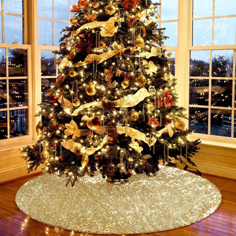 60/90/120 cm Oro Gonna per albero di Natale Decorazione Gonna per albero con paillettes Rosso Argento Decorazione per albero di Natale Grembiule inferiore Gonna per albero 2