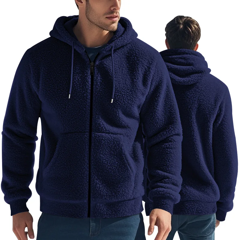 Giacca da uomo in pile double face calda ispessita autunno e inverno con cerniera cardigan allentato giacca casual con cappuccio 4