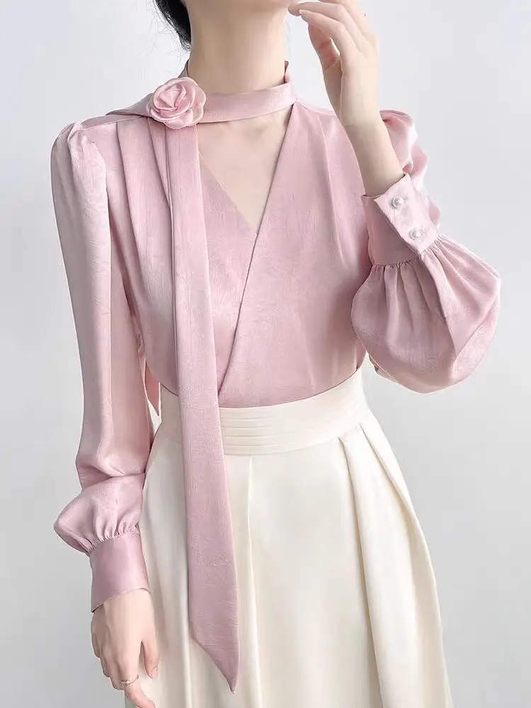 2025 Nuovi vestiti da donna Eleganza francese Camicetta a maniche lunghe con fiocco rosa Donna Chic Primavera/Autunno Top in raso Abbigliamento di alta qualità 4