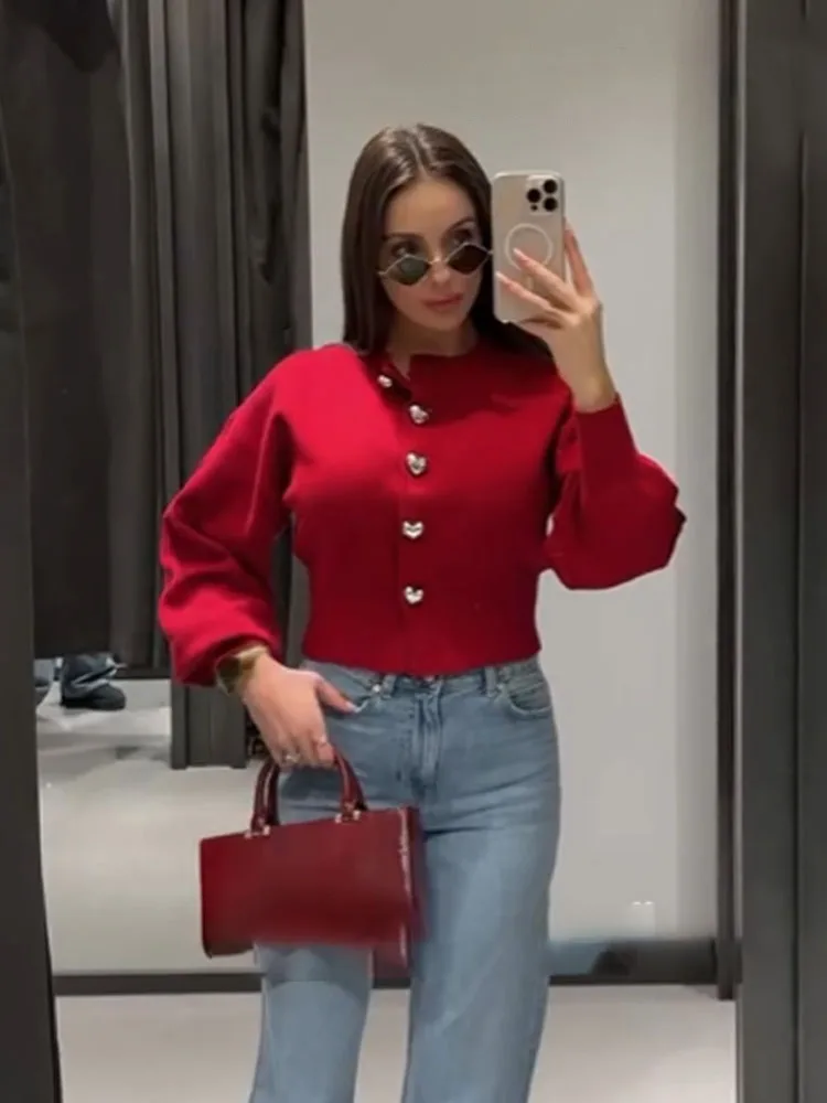 HH Moda Donna Solid Top Bottoni a forma di cuore Cardigan Donna Primavera Casual Manica lunga O-Collo Maglioni lavorati a maglia Cappotti 2