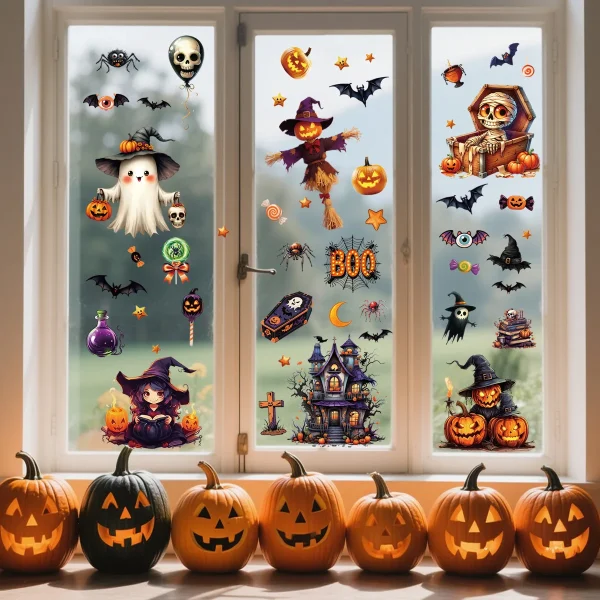 Vendita calda Fantasmi Fantasmi Testa di zucca Pipistrello Adesivi in vetro Halloween Horror Window Art - Adesivi riutilizzabili per un'atmosfera raccapricciante 4