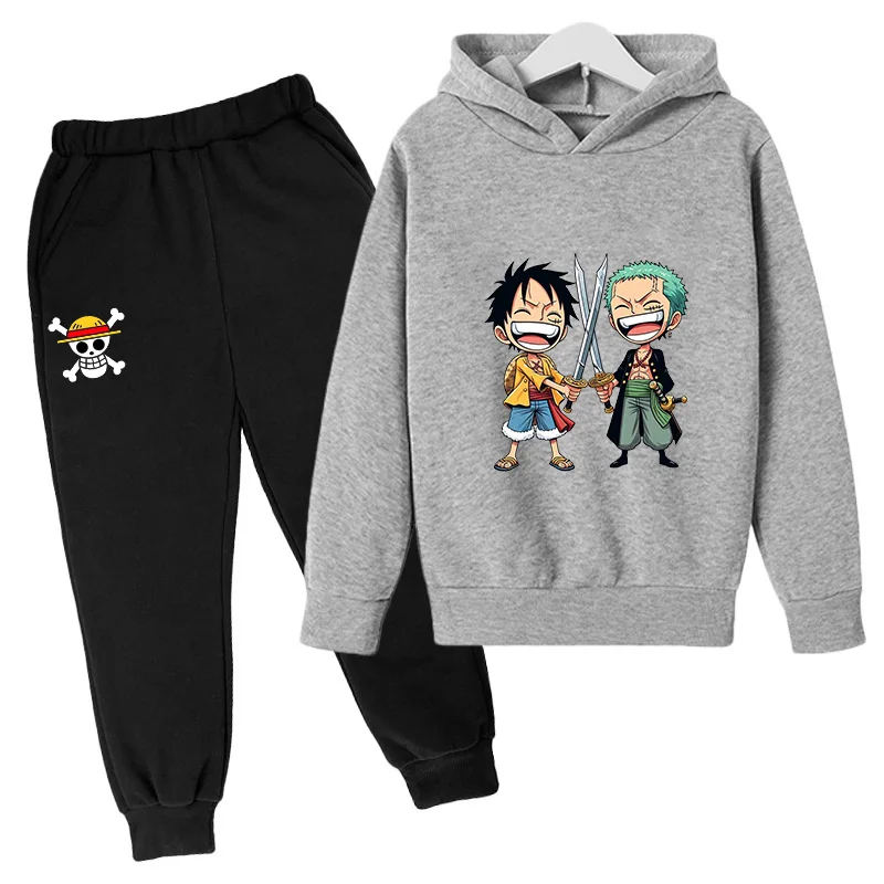 2025 Ragazzi Ragazze Casual Con Cappuccio Anime Giapponese One Piece Rufy Zoro Harajuku Felpa Con Cappuccio Pantaloni Sportivi Set con Tasche Felpa Magliette e camicette 2