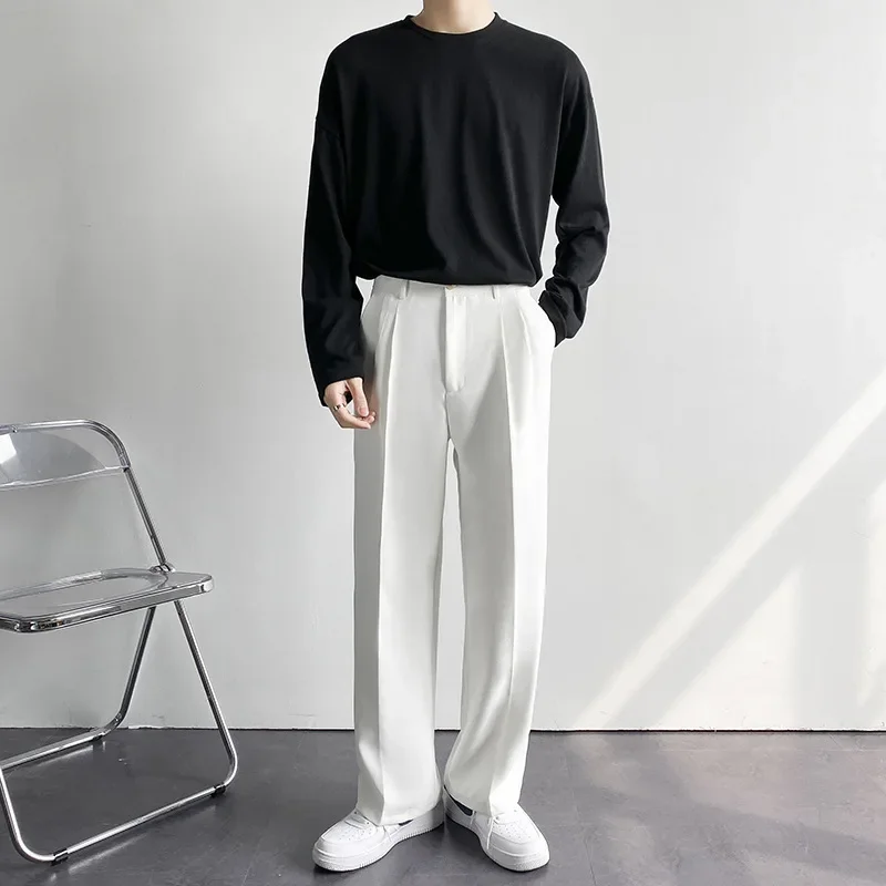 2025 nuovi uomini pantaloni dritti moda coreana pantaloni larghi casual drappeggiati larghi bianchi pantaloni larghi maschili streetwear 3