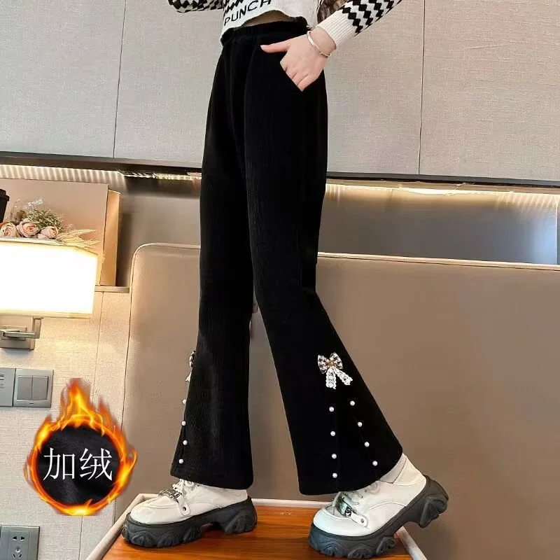 Pantaloni a zampa d'elefante da ragazza Pantaloni foderati in pile per bambini Nuovi pantaloni larghi autunno inverno Pantaloni a gamba larga moda per bambini 4-14 anni 2