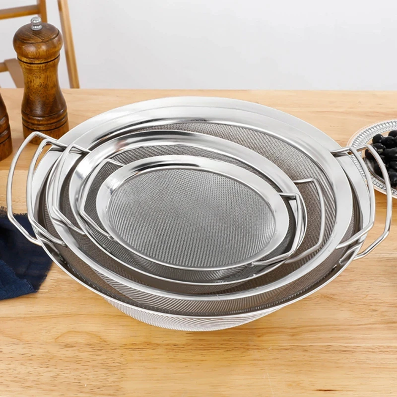 Setaccio per farina in acciaio inossidabile con doppio manico Filtro per alimenti Colino per succo Scolapiatti per noodle Skimmer Utensile da cucina 2
