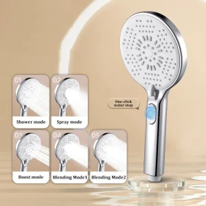 Soffione doccia da bagno con pannello in silicone con arresto dell'acqua a un pulsante per doccia portatile con filtro booster per uscita acqua a 5 funzioni 1