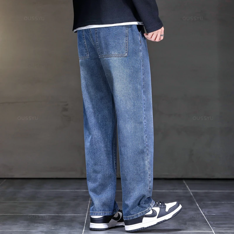 2025 Nuovo Autunno Inverno Jeans Uomo Allentato Dritto Coulisse Elastico in Vita Casual Pantaloni in Denim Maschile Pantaloni Spessi di Grandi Dimensioni M-5XL 3