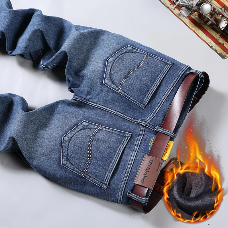 2025 Jeans invernali da uomo caldi pantaloni in denim caldi foderati in pile vestibilità dritta pantaloni da cowboy spessi elasticizzati classici da uomo blu da lavoro 4