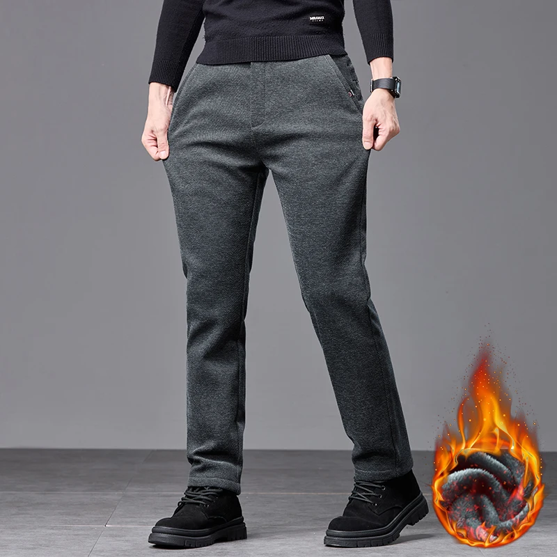 Pantaloni casual elastici in pile invernale da uomo spessi caldi morbidi pantaloni slim elasticizzati da lavoro streetwear moda abiti di marca coreana 3
