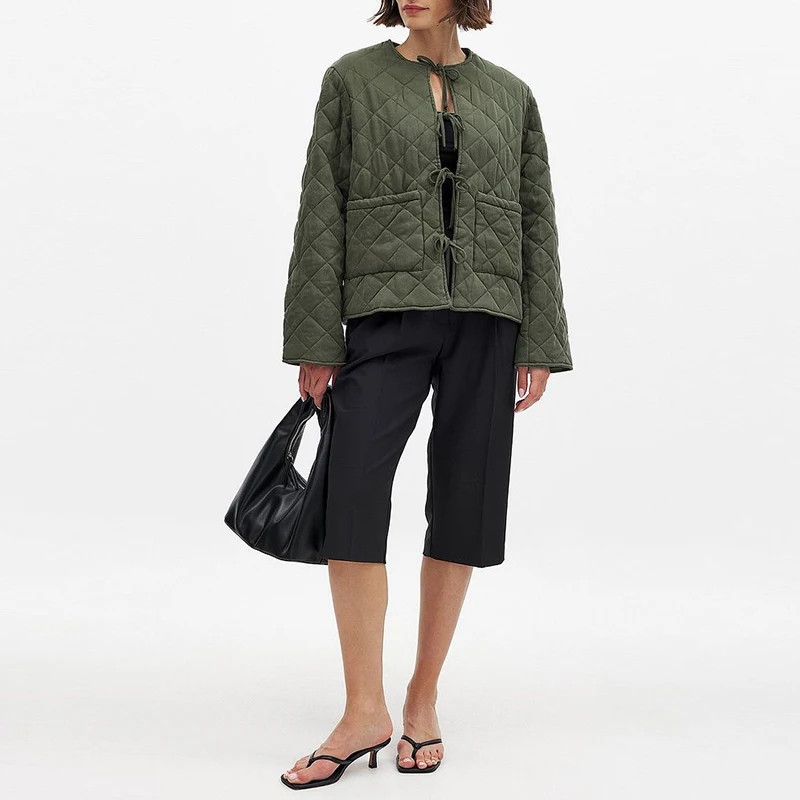 Giacca trapuntata elegante con lacci da donna Nuovo arrivo girocollo manica lunga caldo cappotto invernale con tasche Abiti da donna 3