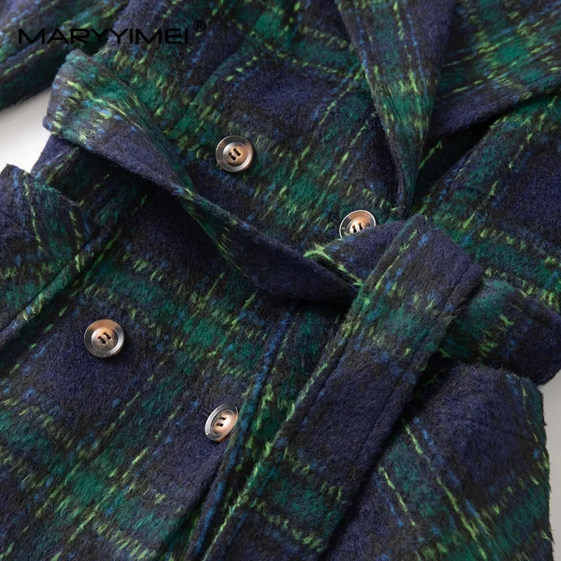 MARYYIMEI Cappotto scozzese elegante streetwear da donna Colletto rovesciato Tasca a maniche lunghe Cappotto doppiopetto autunno e inverno 5