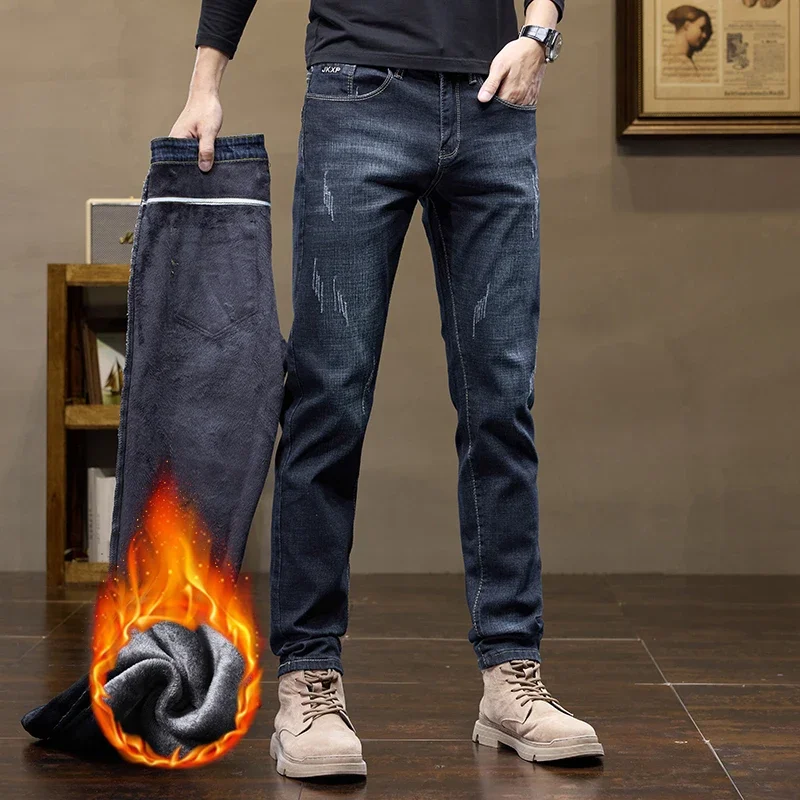 Jeans caldi in pile invernale da uomo nuovi Pantaloni casual dritti lavati da lavoro Pantaloni in denim maschile versatili elasticizzati termici ispessiti 6