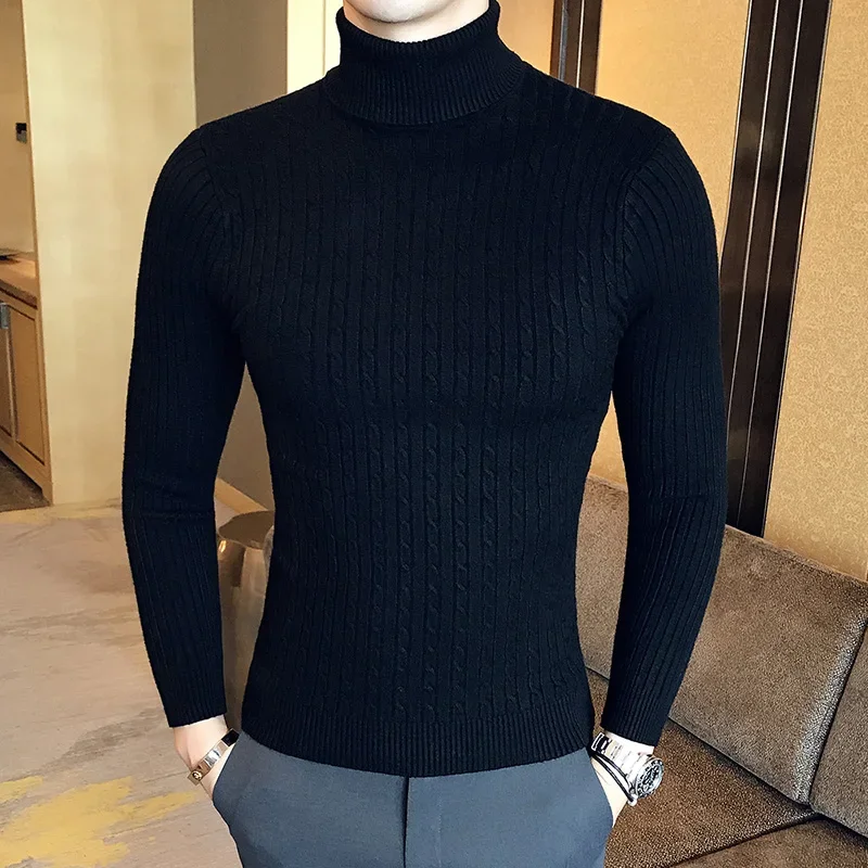 2025 maglione dolcevita coreano slim tinta unita uomo inverno manica lunga maglione lavorato a maglia caldo camicia classica casual solida con fondo 3