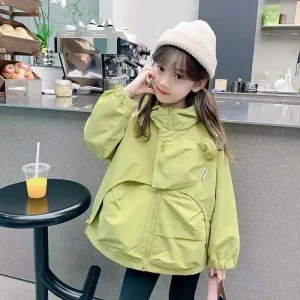 Cappotto con cerniera con cappuccio tinta unita per ragazze nuove primavera autunno per abbigliamento casual da esterno per ragazze adolescenti da 4-12 anni 1