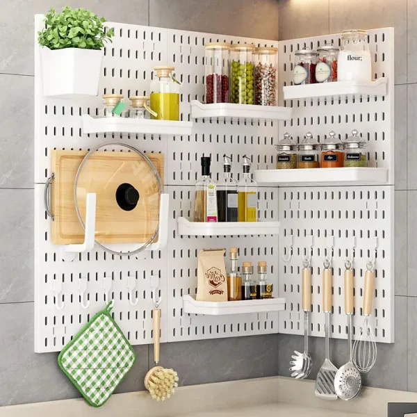 Scaffali per pannelli per organizer da parete con pannelli forati senza punzonatura per sala giocatori, bagno, cucina, portaoggetti per organizer, accessori per pannelli forati 6